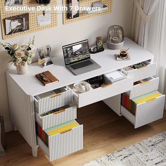 55.1 Fluted Executive Desk with Drawers White Desk with Storage Cabinet Home Office Desk with Charging Station Farmhouse Desk with File Cabinet for Office Home