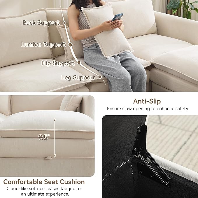 30 Cloud Modular Single Sofa Chair with Storage Modern Upholstered Accent Chair Deep Seat Chenille Reading Lounge Armchair for Living Room Bedroom Small Space Beige