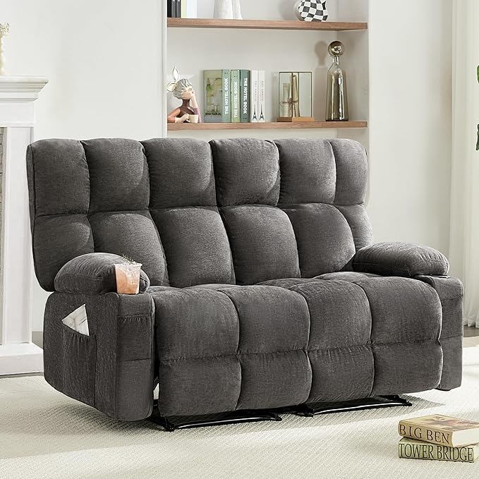 Oversized Loveseat Recliner Sofa Big Large Reclining Sofa with Cup Holders &amp Side Pockets Traditional 2-Seater Manual Recliner Couch for Living Room RV Home Theater Double Recliner (FabricGr