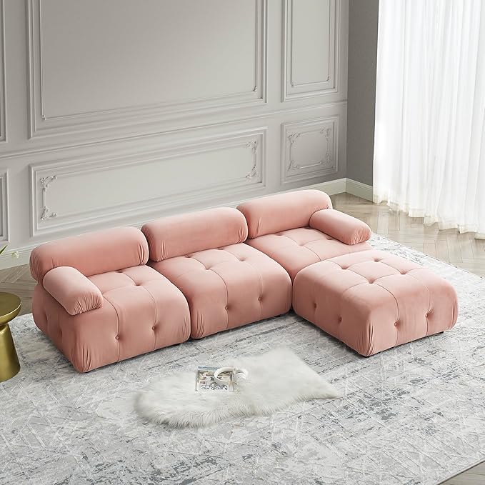 Modular Sectional Sofa 93 Velvet Sectional Cloud Couches for Living Room Modern L-Shaped Sofa DIY Combination Reversible Chaise for Bedroom Apartment Office (Pink Velvet)