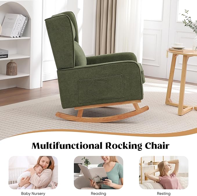 Nursery Rocking Chairs Rocking Chair Nursery for Mom Nursery Rocker with High Backrest and Solid Wood Legs Modern Wingback Accent Rocking Chair for Reading Living Room Bedroom Green