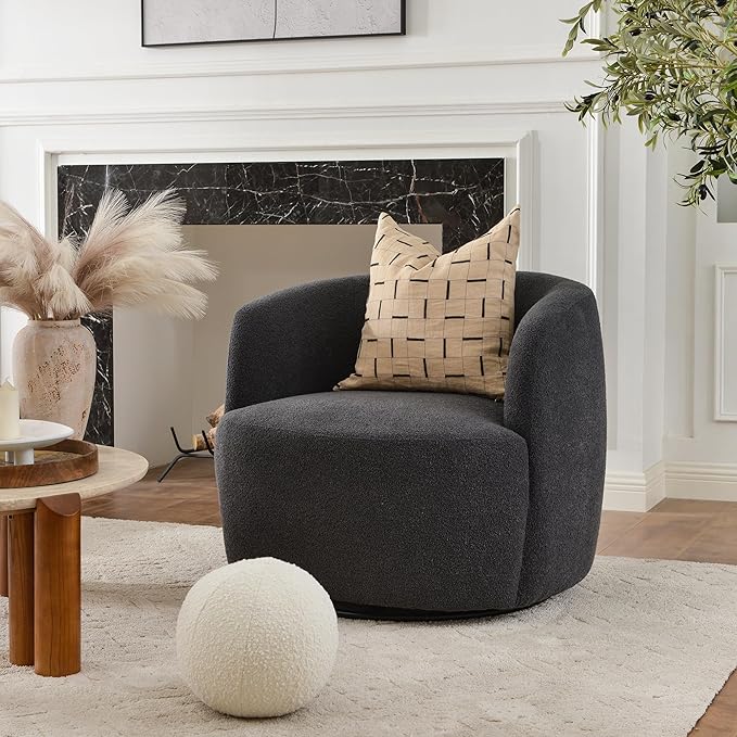 KINWELL 34 Wide Boucle Swivel Barrel Chair No Assembly Round Upholstered Armchair Accent Chair Single Sofa Chair with Toss Pillow for Living Room and Bedroom Dark Grey