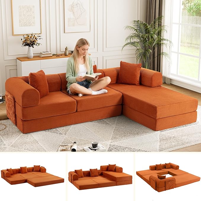 106.3 Oversized Convertible Sleeper Sofa Bed L Shape Modular Sectional Cloud Sofa with Fixed-Shape Frame Boneless Couch with Storage Pocket for Living Room No Assembly Required Orange