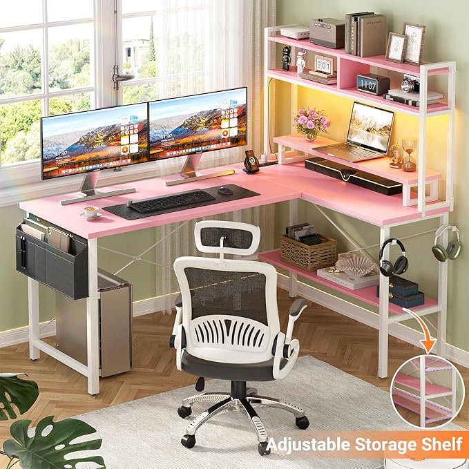 Aheaplus L Shaped Gaming Desk with Power Outlets &amp LED Lights Small L- Shaped Desk Computer Corner Desk with Monitor Stand &amp Storage Shelf Home Office Desk Writing Desk with Storage Bag Pin
