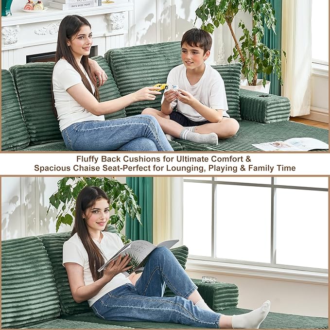 Cloud Sectional Couch with L-Shape ChaiseModern Minimalist Upholstered Couches with Deep SeatCorduroy Boneless Couches for Living Room Bedroom (Green 105 L-Shaped Left Chaise)