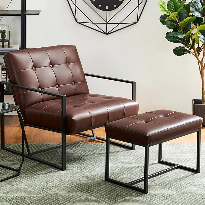 Glitzhome Accent Chairs with Ottoman Mid Century Modern Lounge Armchair with footrest with PU Leather &amp Metal Frame for Living Room Bedroom Apartment Office Brown