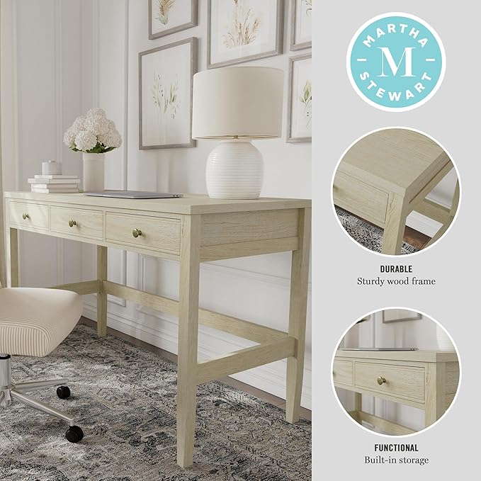 Martha Stewart Rhett Home Office Desk with 3 Drawers and Tapered Legs in Black with Oil Rubbed Bronze Hardware