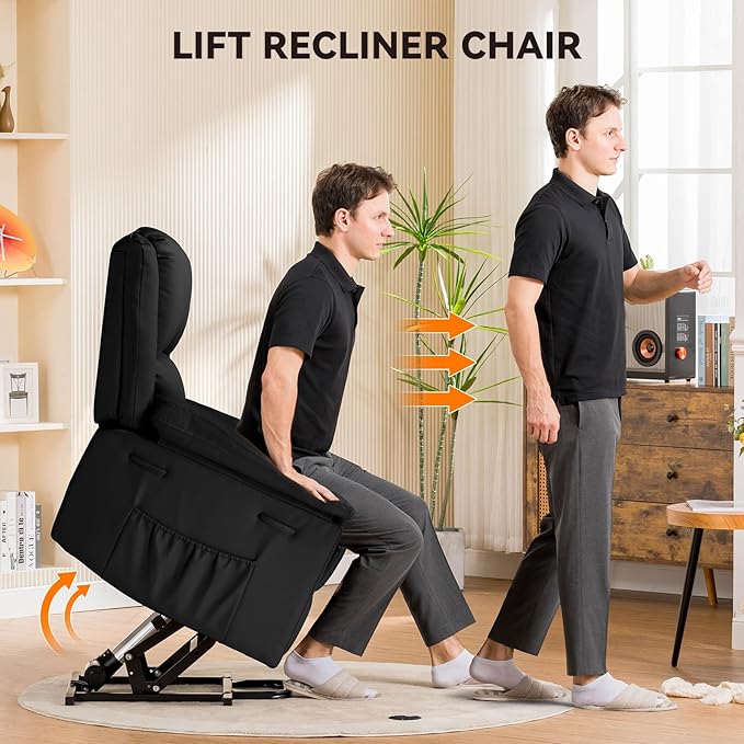 COMHOMA Power Lift Recliner for Elderly Lift Chair with Heat and MassagePU Recliner Sofa with 2 Side Pockets and Infinite Position for Living Room Black