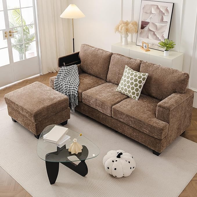 85'' L Shaped Couch with Armrest Organizer3 Seats Sofas with Movable OttomanComfy Sectional Sofa with Thick CushionChenille Sectional Couches for Living RoomBedroomApartmentHome FurnitureBrown