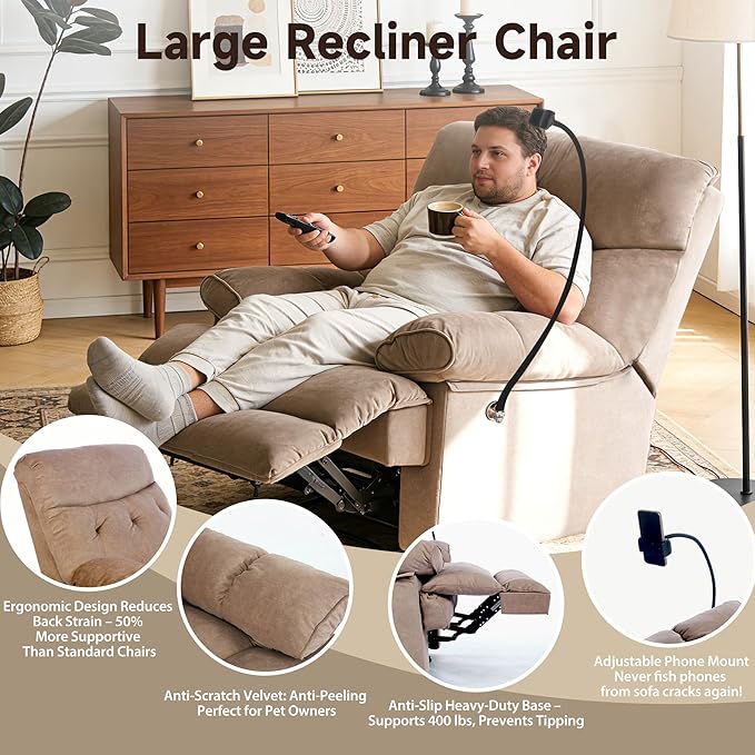 Oversized Recliner Chairs for Adults Manual Large Recliners Big Mans Recliner Chair Extra Wide Single Reclining Sofa Chair for Living Room RV Brown