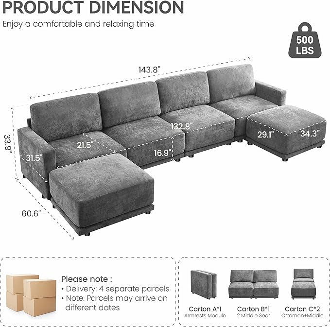 143.8 Modular Sectional Sofa with 2 Ottomans Upholstered U Shaped Sectional Couch with Thick Cushions Oversized Chenille Comfy 6 Seater Sofas for Living Room Easy Assembly Grey