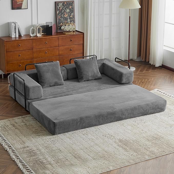 Folding Sofa Bed Modular Sectional Cloud Couch Convertible Sleeper Sofa Bed with Pillow Back Support Armrest for Living Room Bedroom Lounge No Assembly Required Corduroy (Dark Grey)