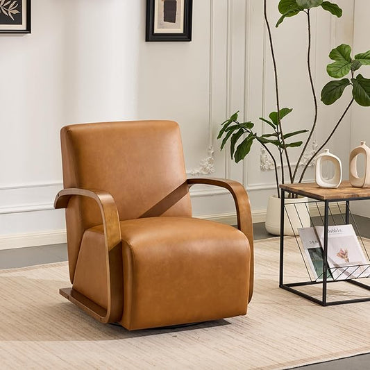 26 W Brown Swivel Accent Chair with Wood Armrests PU Upholstered Armchair with Metal Base 360 Degree Comfy Lounge Reading Chair for Living Room Bedroom Club or Office (Brown+PU)
