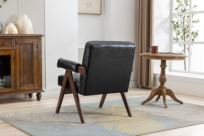 Leisure Chair with Solid Wood Armrest and Feet Mid-Century Modern Accent Chair for Living Room Bedroom Studio Chair