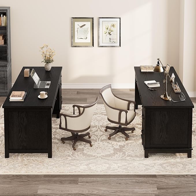 GarveeHome Farmhouse Executive Desk with Drawers 53.54 in Home Office Desk with Charging Station Wooden Computer Desk with File Cabinet Storage for Work Study Writing Rustic Black