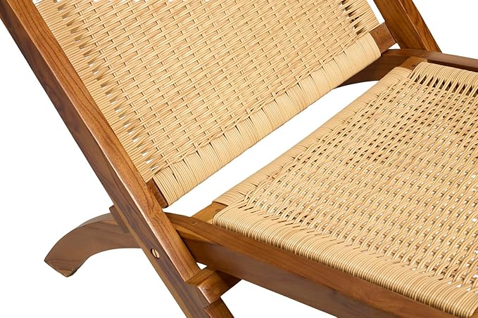 TeakCraft Teak Rattan Lounge Chair – Foldable Handcrafted Solid Wood Accent Chair with Woven Seat – Mid-Century Modern Recliner for Indoor &amp Outdoor Use The Ediz