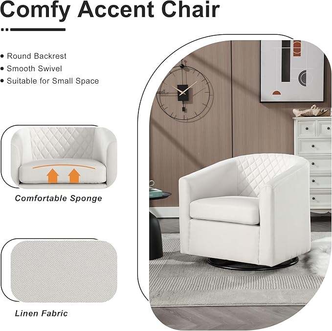 Swivel Gilder Chair Modern Round Armchair 360° Swivel Linen Barrel Chair Club Chair for Living Room Bedroom Office (Beige)