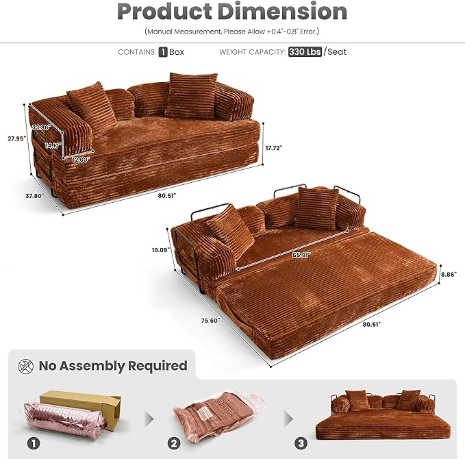 ovios 81 Folding Sofa Bed Foldable Sleeper Boneless Couch with Pull Out Beds Modular Convertible Floor Futon Loveseat Lounger for Living Room (Faux Fur Brown)