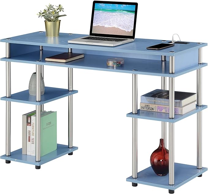 Convenience Concepts Designs2Go No Tools Student Desk with Charging Station and Shelves Blue