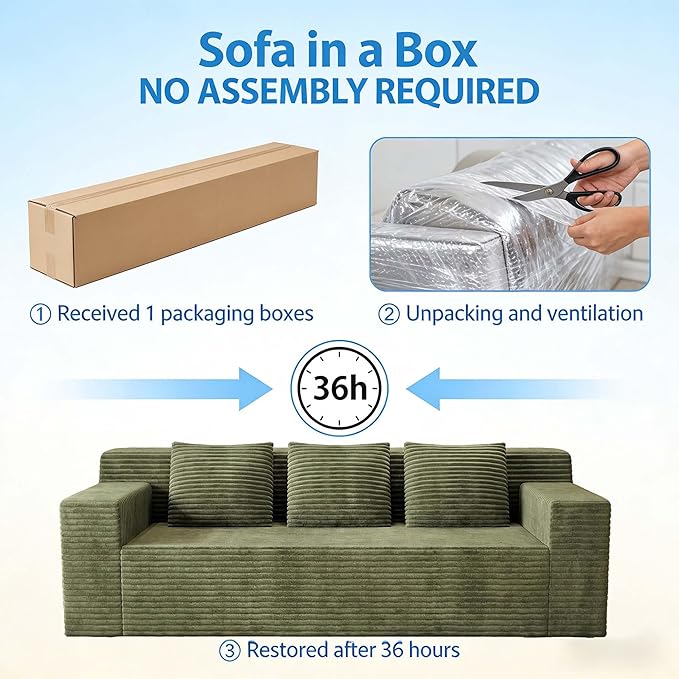 Boneless Couches for Living Room 71 Modern 3 Seater Sofa with Deep Seat Comfy Cloud Couch Sofa with Corduroy Fabric Memory Foam Floor Sofa with ArmrestsNo Assembly Required (Green) | Deep Seat C