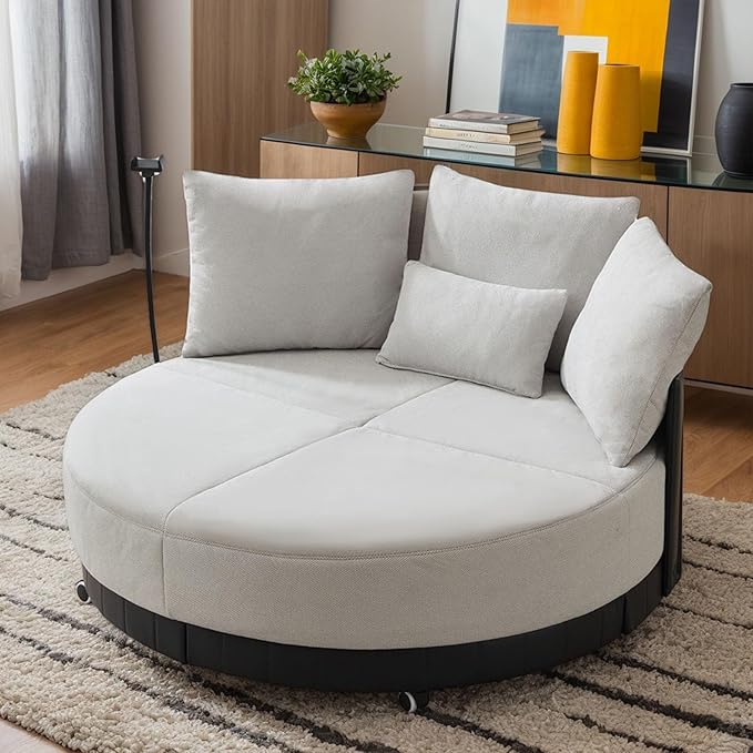 Anwick 52'' Oversized Round Swivel Chair360° Swivel Chair with Adjustable Phone Holder and 4 Pillows Upholstered Couples Chair with Rotating Pulley for Living Room Bedroom Lounge Hotel (Gray)