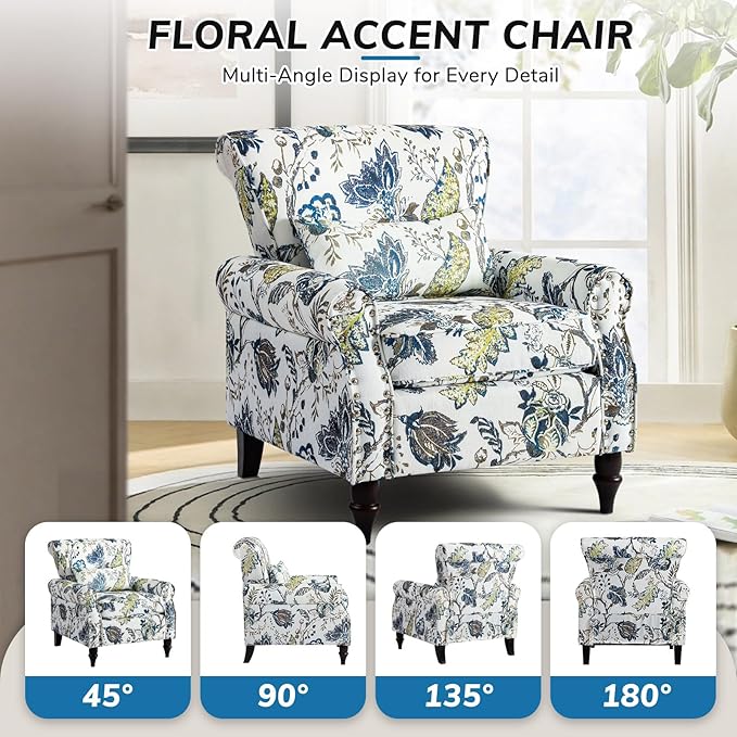 Floral Accent Chair with Lumbar Pillow Retro Wingback Armchair with Nailhead Trim &amp Rolled Arms Modern Linen Fabric Upholstered Recliner for Living Room Bedroom Reading Chair Easy Assembly