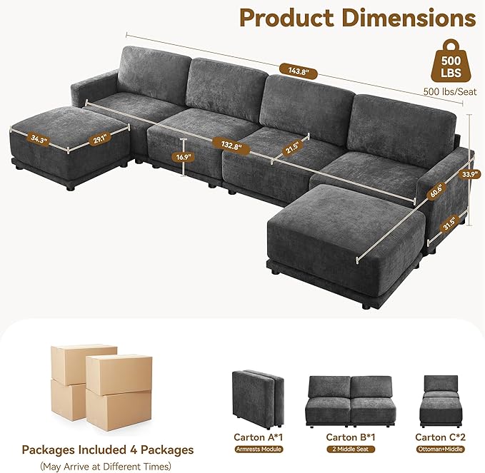 143.8 Modular Sectional Sofa Modern Chenille U Shaped Couch with Thickened Seat Cushions Easy Assembly Upholstered 6 Seater Couch with 2 Movable Ottomans for Living Room Grey