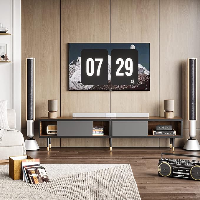 Bestier Mid Century Modern TV Stand for 85 inch tv Entertainment Center with Storage and Sliding Doors 2 in 1 Long TV Cabinet for Living Room Ancona Walnut