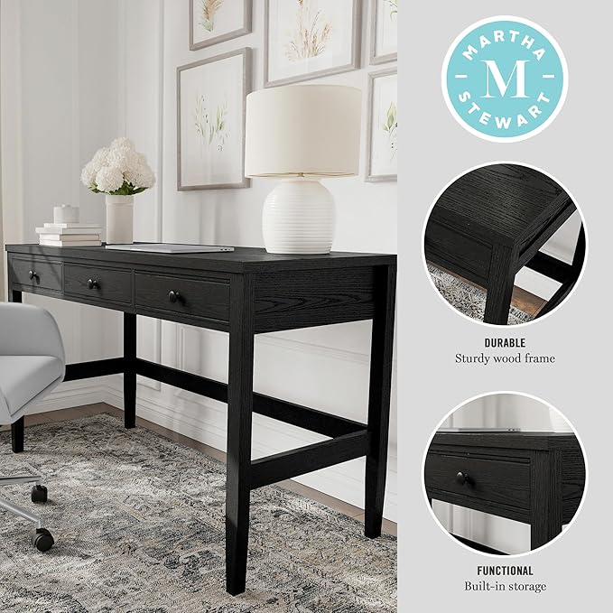 Martha Stewart Rhett Home Office Desk with 3 Drawers and Tapered Legs in Black with Oil Rubbed Bronze Hardware