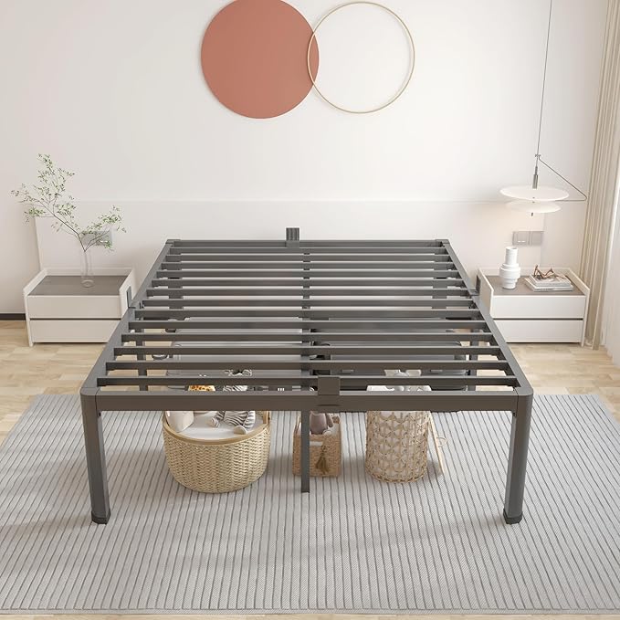 ROIL 12 inch Metal Queen Bed Frame with Rounded Corner and Headboard Hole Mattress Retainers 3500LBS Heavy Duty Steel Slats No Box Spring Needed Platform Noise-Free Easy Assemble