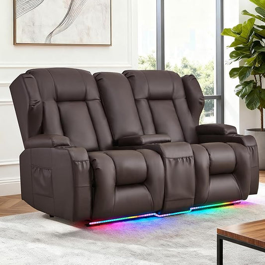 BINGTOO Manual Double Reclining Loveseat Sofa 2-Seater RV Wall Hugger Leather Couch for Living Room &amp Home Theater with Storage Console/Cup Holders/Side Pockets PU Brown