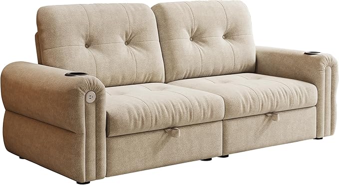 77'' Pull Out Couch Full Chenille Sleeper Sofa Bed with 5-Minute Assembly Convertible Futon Sofa Bed Adjustable Backrest USB 2 Cup Holders Loveseat for Living Room Office Light Brown