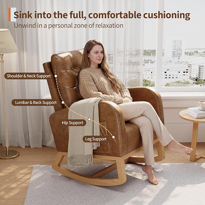 GarveeHome Nursery Rocking Chair Breathable PU Leather Upholstery Sturdy Wooden Legs &amp High Backrest Comfortable Glider Rocking Chair for Living Room or Bedroom Orange