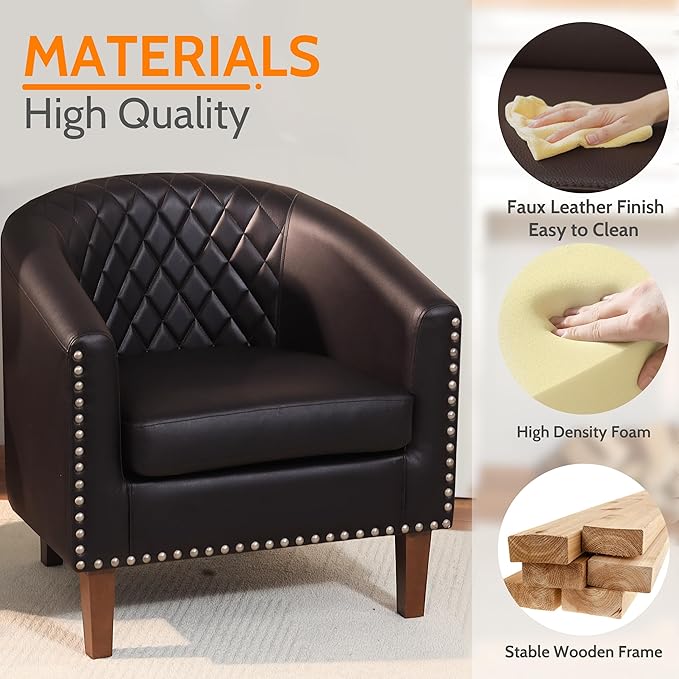 PrimeZone Barrel Chair Comfy Accent Chair Faux Leather Living Room Chairs Club Chairs with Cushion Nailhead Trim and Diamond Mesh Backrest Reading Chairs for Bedroom Waiting Room 4PCS Brown