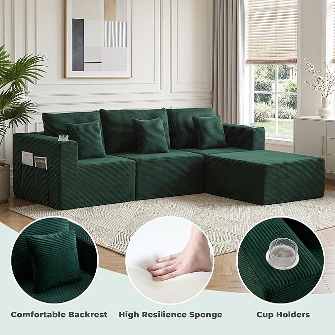 WELAX 104 Modular Sectional Couches for Living Room Boneless Couch L-Shape with Cup Holders &amp Pillows Modern Corduroy Cloud Sofa 4 Seater Home Comfy Sofas for Bedroom Green