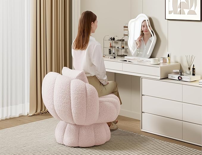 Mid Century Modern 360 Degree Barrel Swivel Accent Vanity ChairFluffy Sherpa Fabric Lounge Wide Upholstered Pumpkin Reading Chair Round Cloud Armchair for Living RoomBedroomVanity(Pink)