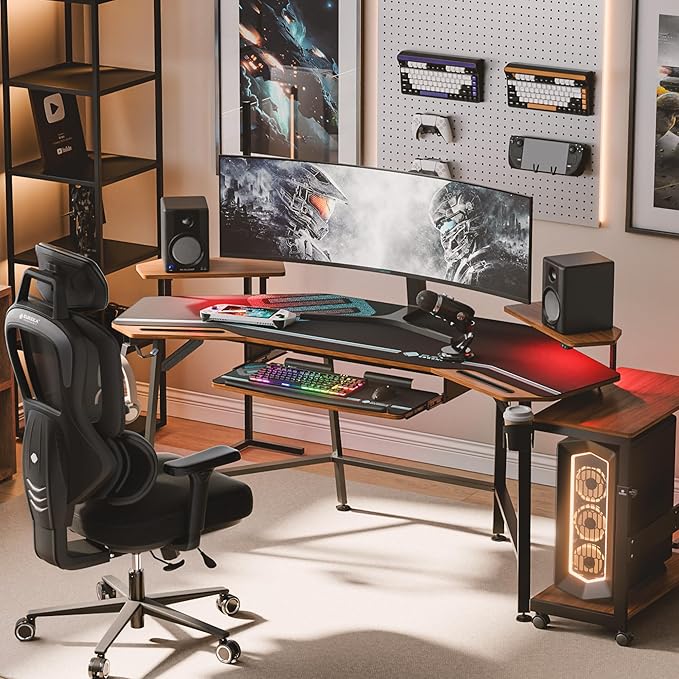 EUREKA ERGONOMIC 72 Gaming Desk W Keyboard Tray Wing-Shaped Music Studio Desk Large Computer Table W LED Convertible Monitor Stand Dual Headphone Hanger for Recording Live Streamer Walnut Wood