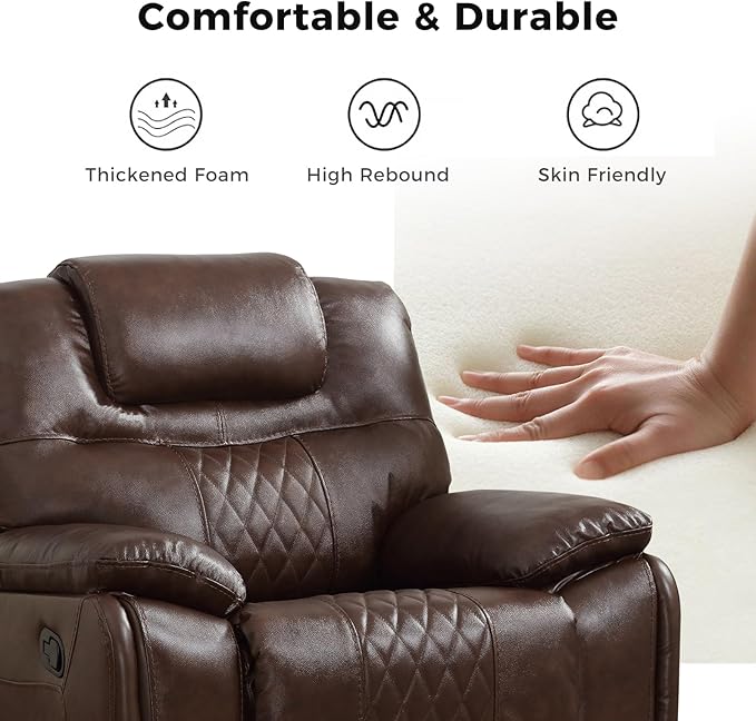 EBELLO Manual Recliner Chair Genuine Leather Reclining Sofa Chair Couch for Living Room Bedroom Furniture Meeting Room Single Couch with Comfortable Armrest and Backrest Brown