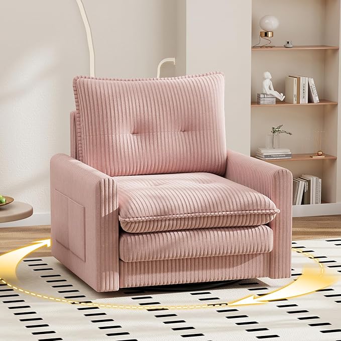 Cozy Swivel Accent Chair Modern Oversized Single Sofa with Armrest Comfy Upholstered Armchair Sofa Large Corduroy Accent Chair for Living Room Bedroom Reading Room Pink