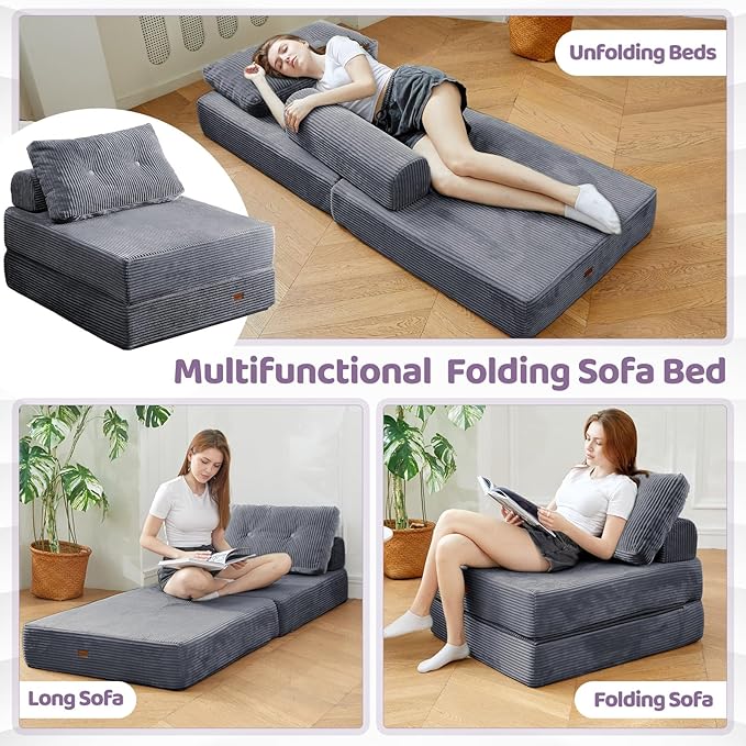 Folding Chair Bed Convertible Sofa Bed with PillowsFold Out Chair Bed with High-Density FoamChair Bed Sleeper for Adults Perfect for Living Room 、Hotel 、Apartment  Single Dark Gray