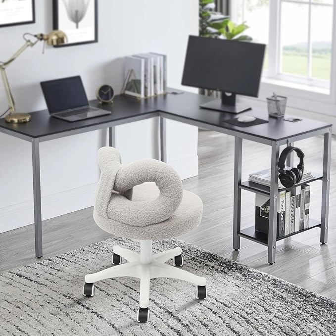 Vanity Chair with Cute Bow Backrest Grey Make-up Chair Height Adjustable Roller Chair with 5 Wheels Armless Dressing Chair Small Upholstered Accent Chair Desk Chair for Bedroom Living Room