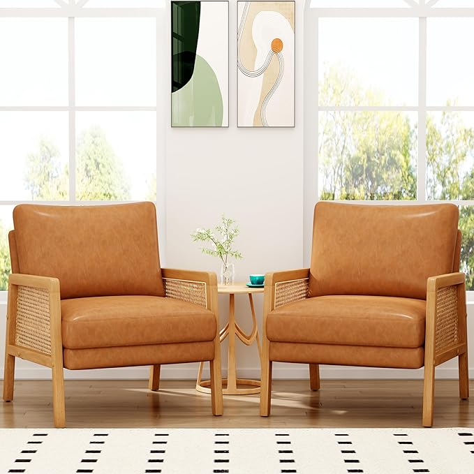 WENTMENT Faux Leather Accent Chairs Set of 2 Armchair with Natural Rattan Armrest Upholstered Living Room Chair Comfy Single Sofa Chair for Reception Room/Hosting Room/Bedroom(Brown)