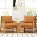 WENTMENT Faux Leather Accent Chairs Set of 2 Armchair with Natural Rattan Armrest Upholstered Living Room Chair Comfy Single Sofa Chair for Reception Room/Hosting Room/Bedroom(Brown)