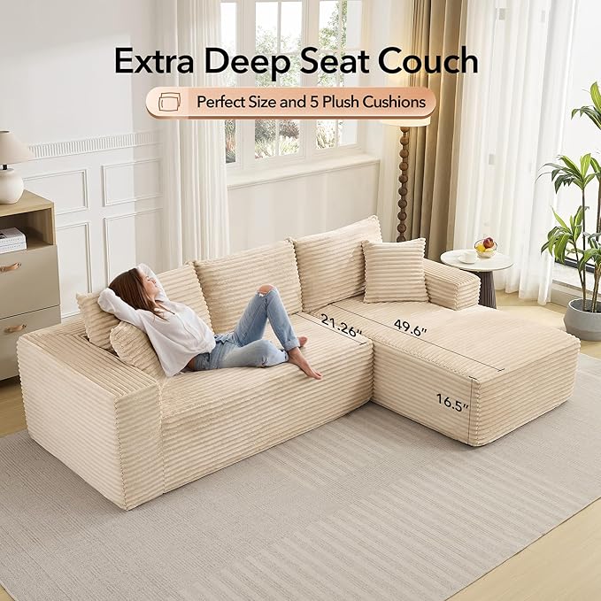 108 Cloud Sectional Couch with L-Shape Chaise Modern Modular Sofa with Deep Seat Boneless Cloud Couches for Living Room Bedroom No Assembly Required Plush Corduroy (Beige Right Facing Chaise)