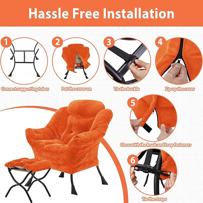 Lazy Chair with Folding Ottoman Accent Chair Plush Upholstered with Metal Structure and Non-Slip Pads Sofa Armchair with Footrest and Side Storage Bag for Dorm Room Office Orange