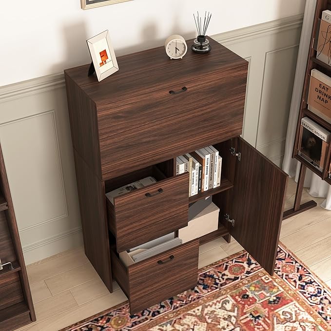 Space-Saving Fold-Up Desk Cabinet with Storage Drawer &amp Shelves for Home Office Dorms