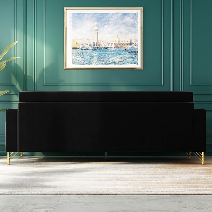 85 Velvet SofaMid-Century Modern Chesterfield 3 Seat Comfy Couch with Pillows Set of 2 for Living RoomBedroomApartment Furniture with Gold Metal Legs (P18-Black)