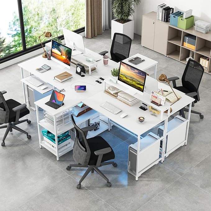 Tangkula 2-Person Reversible Computer Desk with LED Lights 94.5” Long Office Desk with Power Outlets Monitor Stand Keyboard Tray &amp 2 Storage Shelves Double Desk for Gaming Working Writing (Whi