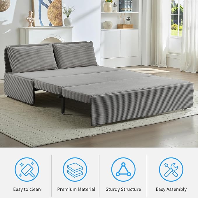 PUREMIND 3-in-1 Queen Size Pull Out Sofa Bed Convertible Corduroy Couch with Pillows and 3.9 Memory Foam Mattress Loveseat Sofa-Bed for Living Room Apartment (Light Grey)