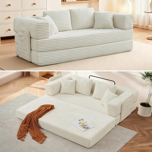 All-in-1 Folding Convertible Sofa Bed Boneless Futon Floor Couch Corduroy Fold Out Modular Lounge Comfy Loveseat Sleeper Lazy Cama for Living Room Bedroom Guestroom Beige（Wide Stripes）